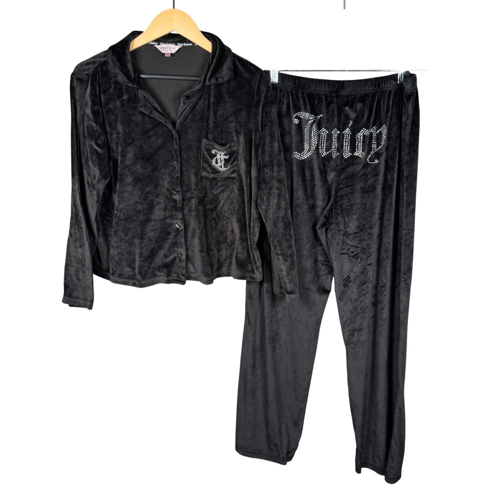 Y2K Juicy Couture Velour Track Suit Lounge Set Black‎ Rhinestone Logo Sz Lg